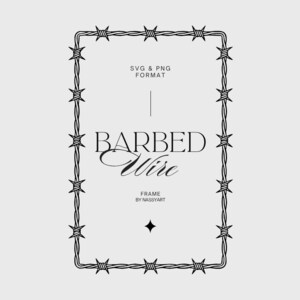 Könnte beinhalten: Digitale Illustration eines rechteckigen Rahmens aus Stacheldraht. Die Worte "BARBED Wire" stehen im Zentrum, mit "SVG & PNG FORMAT" darüber und "FRAME BY NASSYART" darunter. Die Illustration stammt von NASSYART.