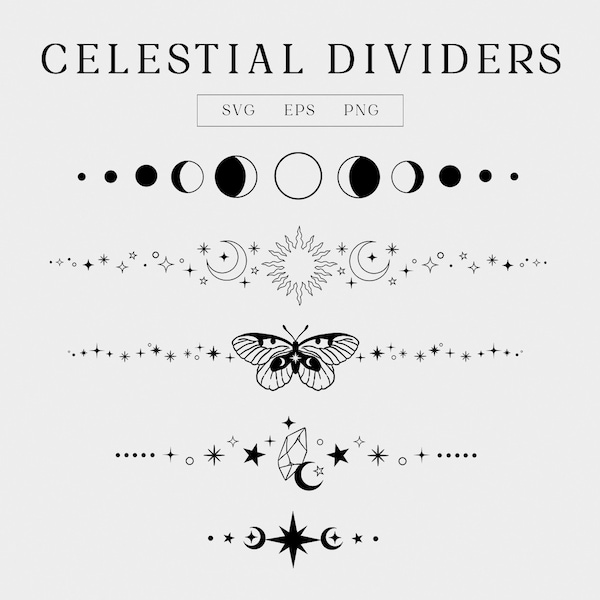 Celestial Divider SVG, Magical Text Divider Cricut, Celestial wedding frame SVG, Moon phase SVG, Witchy Border Clipart, Celestial Tattoo svg