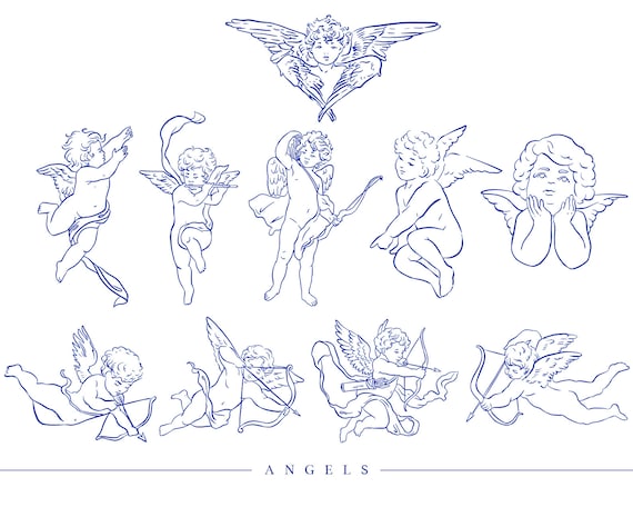 10 Cupids Angels Svg Eps Line Art, Love Art, Cherubs Svg, Baby