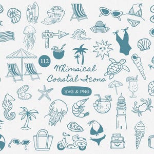 May include: A collection of 112 blue line art coastal icons featuring seashells, beach gear, marine life, palm trees, and tropical drinks. The text reads 112 Whimsical Coastal Icons SVG & PNG. These illustrations depict summer themes.