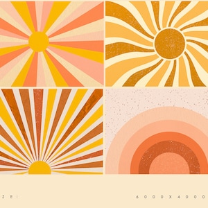 May include: A digital collage of four retro-style sunburst designs in shades of orange, yellow, and pink. The designs feature a sun in the center with radiating lines.