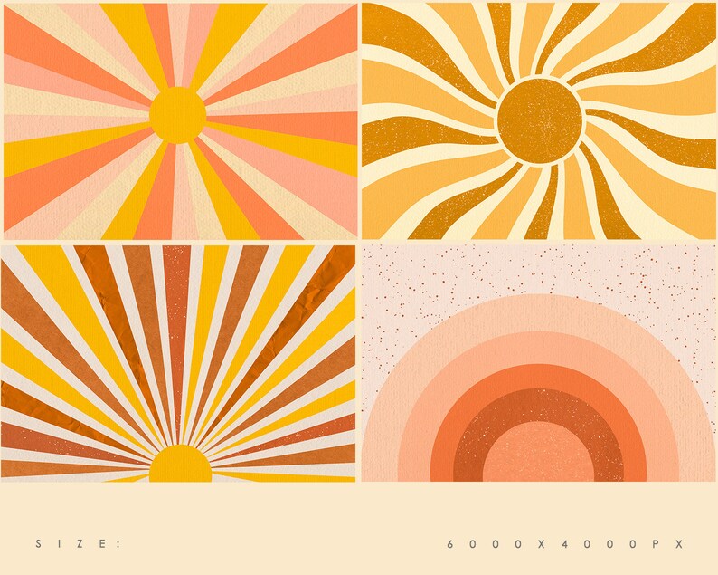 May include: A digital collage of four retro-style sunburst designs in shades of orange, yellow, and pink. The designs feature a sun in the center with radiating lines.