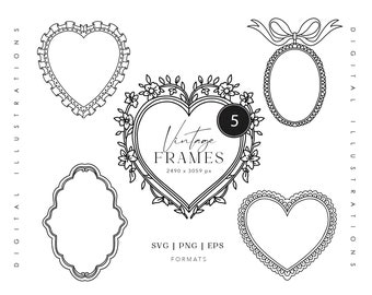 May include: Set of five vintage heart-shaped frames with floral and ornate designs. The frames are black and white and are perfect for adding a touch of elegance to your projects.