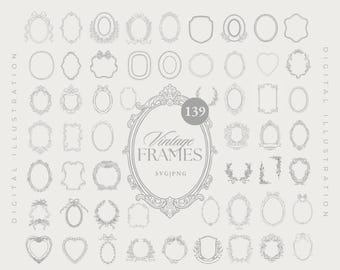 Conjunto de marcos antiguos vintage - Clip art SVG de marco victoriano - Borde de arte lineal botánico floral ornamentado - Escudo de boda SVG - Monograma dibujado a mano