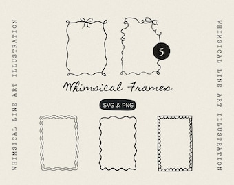 May include: A collection of whimsical line art frames in black, with various decorative edges and shapes. The image includes the text "Whimsical Frames" and "SVG & PNG".