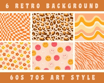 May include: Six retro background patterns in a 60s and 70s art style. The patterns include a checkered pattern, a leopard print, wavy lines, a floral pattern, smiley faces, and a zebra print. All patterns are in shades of orange, yellow, pink, and brown.