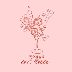 Ilustración SVG PNG de chica disco de los años 70 en copa de martini, boceto de contorno de icono de despedida de soltera, clipart caprichoso dibujado a mano