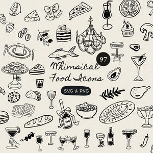 Könnte beinhalten: Schwarz-weiße, skurrile Essenssymbole, darunter Pizza, Kuchen, Cocktails und ein Kronleuchter. Das Bild enthält den Text "Whimsical Food Icons" und "SVG & PNG". Es gibt insgesamt 97 Symbole.