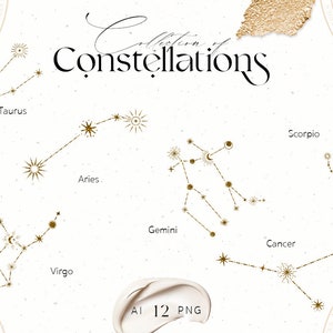 May include: A collection of 12 gold constellation illustrations, including Taurus, Aries, Gemini, Cancer, Virgo, and Scorpio. The illustrations are on a white background with a gold foil texture.