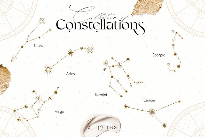 May include: A collection of 12 gold constellation illustrations, including Taurus, Aries, Gemini, Cancer, Virgo, and Scorpio. The illustrations are on a white background with a gold foil texture.