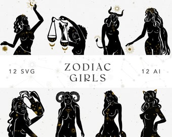 Zodiac Clipart SVG Girls Art Signs Spiritual Astrology Aries Taurus Gemini Cancer Virgo Libra Scorpio Sagittarius Capricorn Aquarius Pisces
