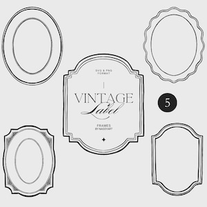 May include: A digital illustration featuring five vintage frames and labels in black and white. The design includes oval and rectangular frames, along with a central label that reads "VINTAGE Label". The number "5" is in a black circle.