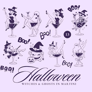 Pode incluir: Ilustração digital de Halloween com bruxas, fantasmas e um esqueleto em taças de martini. A imagem inclui a palavra "Halloween" e a frase "Witches & Ghosts in Martini". O fundo é lilás claro.