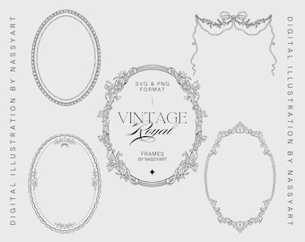 Peut inclure: Illustration numérique de cinq cadres ovales vintage noirs et blancs. Le texte "VINTAGE Royal FRAMES" est au centre. La phrase "DIGITAL ILLUSTRATION BY NASSYART" est répétée verticalement sur les côtés.