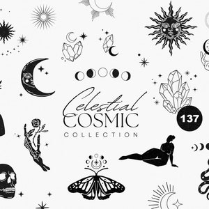 Könnte beinhalten: Schwarz-weiße Illustrationen von himmlischen und kosmischen Symbolen, darunter Monde, Sterne, Kristalle, ein Schmetterling, eine Schlange, ein Schädel, eine Sonne, eine Hand, die ein Schwert hält, eine Hand, die eine Rose hält, eine Hand, die eine Sichelmond hält, eine Hand, die Tarotkarten hält, und eine Frau in einer Yogapose. Der Text "Celestial COSMIC COLLECTION" ist ebenfalls enthalten.