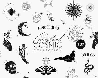 Celestial Cosmic Magic Clipart, Celestial Frames Hands Butterfly Moon Phases Sun Stars, Goddesses, Astrology Esoteric Symbols