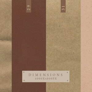 May include: Four different textured paper samples, each with a number in the top right corner. The numbers are 33, 29, 31, and 04. The paper samples are brown, dark brown, light brown, and light pink. The text "DIMENSIONS 6000X4000PX" is in the center of the image.