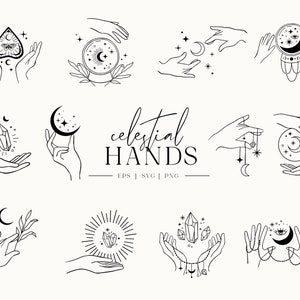 Himmlische Hände Logo Clip Art, magische Hände SVG, Crystal Lunar Star Moon Ball Hexe Cricut, Logo Hand