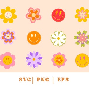 Retro Groovy Flower shapes clipart SVG EPS PNG, flower svg, daisy flower, boho flowers cut files