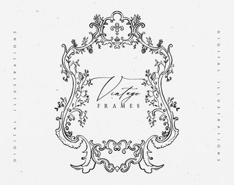 Cornice artistica floreale digitale Line SVG, cornice con stemma vintage invito EPS, clipart floreale, fiore da sposa bianco nero PNG