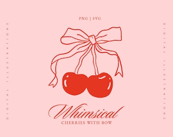 Coquette Cherries SVG - Whimsical Cherry Bow Ribbon SVG - Outline Sublimation Cut Out File - Hand Drawn Cherries - Cherry with Bow SVG