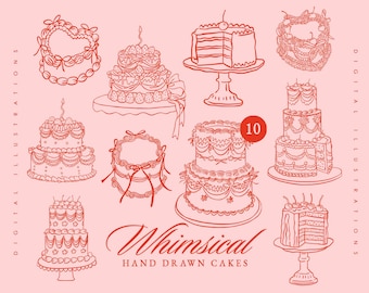 Coquette Wedding Birthday Cake Bundle SVG, Wedding Invitation, Tea Party, Whimsical Doodle Celebration Cake Clipart, Hand Drawn Cut Out File