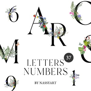 Alfabeto floral de acuarela, alfabeto floral, monograma de letras florales, inicial floral, alfabeto botánico, imágenes prediseñadas de letras, números florales