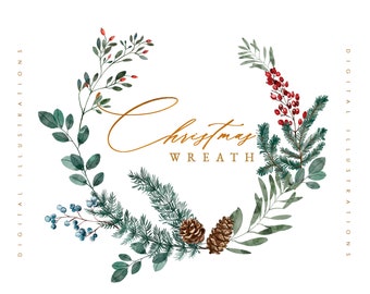 Christmas Watercolor Wreath Clipart - Christmas Wreath - Winter Wreath - Christmas Tree Pine Cone