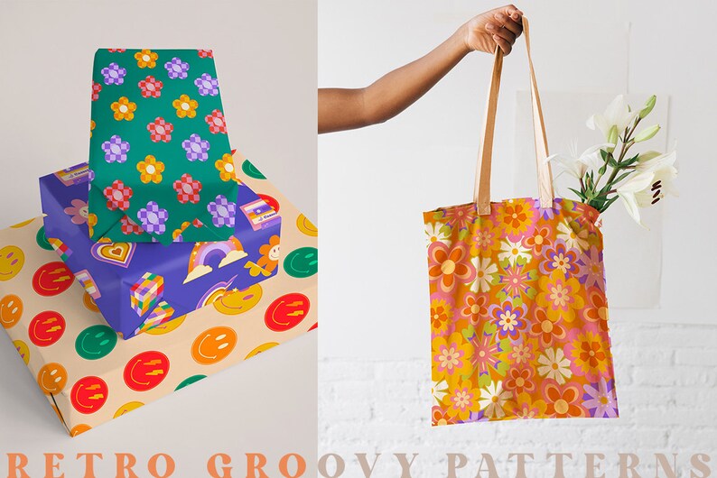Puede incluir: Tres cajas de regalo envueltas en coloridos patrones retro. La caja superior tiene un fondo verde con flores moradas y rojas. La caja del medio tiene un fondo morado con dise&ntilde;os de arco&iacute;ris, caras sonrientes y cintas de casete. La caja inferior tiene un fondo naranja claro con caras sonrientes amarillas. Se muestra una bolsa de mano con un patr&oacute;n floral en el fondo.