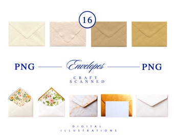 Peut inclure: Ensemble de 10 illustrations numériques d'enveloppes dans différentes couleurs et motifs, y compris blanc, beige, marron, floral et marbré. Les enveloppes sont des fichiers PNG et sont parfaites pour l'artisanat et le scrapbooking.