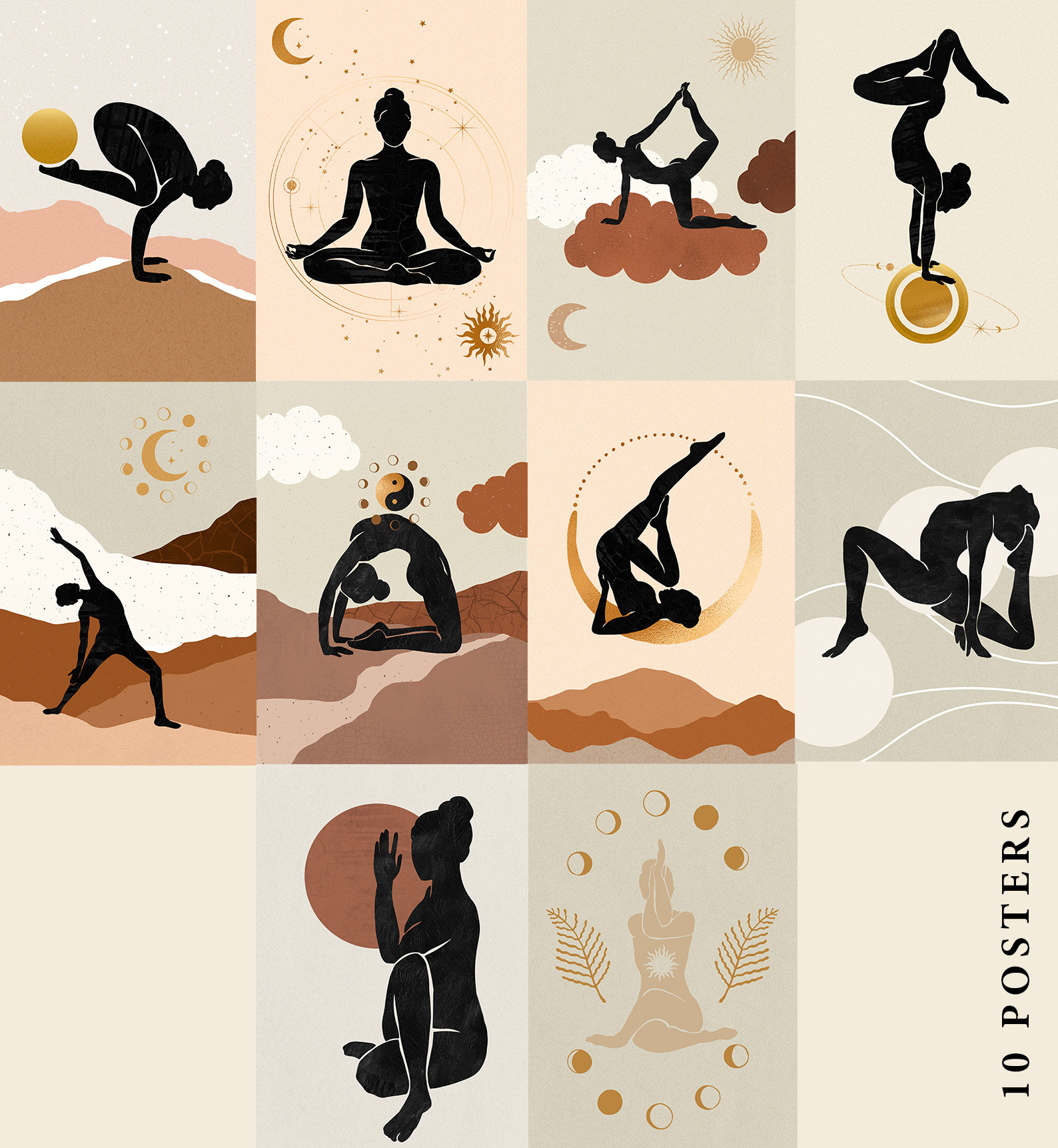 Yoga Poses Posters, Abstract Mountain Landscape, Moon Sun