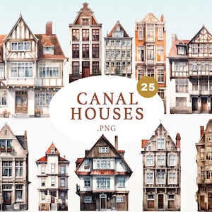 Clipart della casa, case sul vecchio canale di Amsterdam, clip art di case vintage olandesi ad acquerello, Cottage House