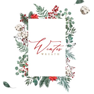 May include: A watercolor illustration of a winter wreath with red berries, cotton, and greenery. The wreath is in a square frame with the text "Winter Wreath" in red cursive.