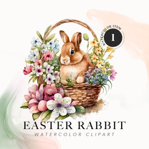 Hase im Korb - Aquarell Ostern Blumen Clipart - Ostereier - Aquarell kleines süßes Kaninchen - Kinderzimmer Kunst - Baby Shower PNG