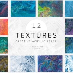 May include: Twelve abstract acrylic paint textures in various colors, including blue, green, purple, and orange. The textures are 6000x4000 pixels and 300 DPI.  Creative Acrylic Paper.