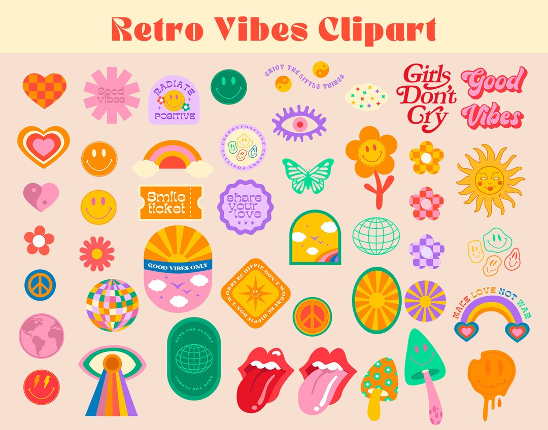 Retro Vibes Clipart Groovy Icons, Good Vibes Only, Happy Smile Face Art