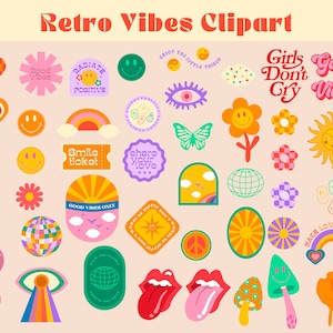 Retro Vibes Clipart Groovy Icons, Good Vibes Only, Happy Smile face art, Hippie Psychedelic 70s 60s 90s style, Quotes PNG Sublimation
