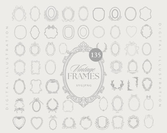Vintage Antique Frames Set - Victorian Frame SVG Clipart - Ornate Botanical Floral Line Art Border - Wedding Crest SVG - Hand Drawn Monogram