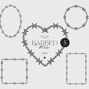 Könnte beinhalten: Digitale Illustration mit fünf Stacheldrahtrahmen in verschiedenen Formen: oval, Kreis, Herz, Quadrat und Rechteck. Der Text "BARBED Wire" ist zentriert, mit "SVG & PNG FORMAT" darüber und "FRAMES BY NASSYART" darunter. Ein schwarzer Kreis mit der Zahl "5" ist ebenfalls vorhanden.
