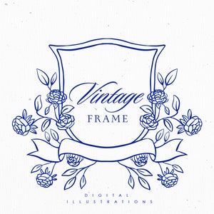 Vintage Crest Frame EPS SVG, Vintage floral frames, Fine line frame clipart, Wedding frames, Hand drawn frame