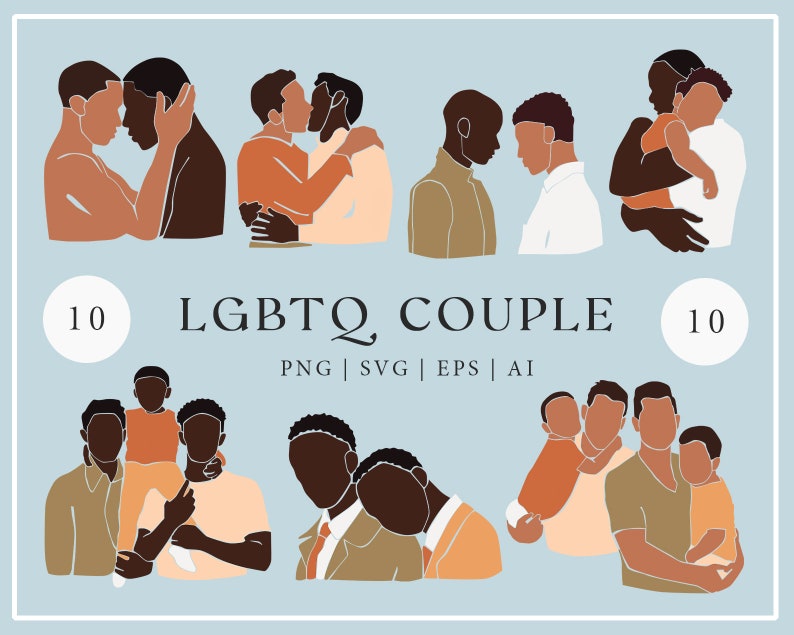 Puede incluir: Un conjunto de 10 ilustraciones digitales de parejas LGBTQ en varias poses, incluyendo parejas que sostienen un beb&eacute;. Las ilustraciones son de estilo minimalista con colores marr&oacute;n, naranja y blanco.