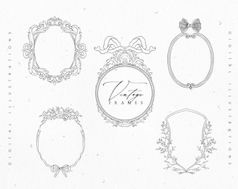 Vintage Antique Vector EPS Floral Frames Set Line Art Victorian Wedding PNG Clipart Sublimation Designs Printable