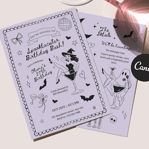 Puede incluir: Dos invitaciones de fiesta de Halloween color lavanda con ilustraciones en negro. Una presenta a una bruja en una copa de martini, la otra un fantasma. El texto incluye "Spooktacular Birthday Bash!" y detalles del evento.