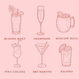 May include: Digital clipart illustration featuring six cocktail drawings: Bloody Mary, Champagne, Moscow Mule, Pina Colada, Dry Martini, and Paloma. Each drink is depicted in a detailed line art style, with garnishes and glassware. The background is a soft pink.