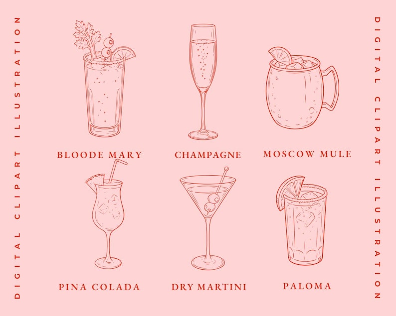 May include: Digital clipart illustration featuring six cocktail drawings: Bloody Mary, Champagne, Moscow Mule, Pina Colada, Dry Martini, and Paloma. Each drink is depicted in a detailed line art style, with garnishes and glassware. The background is a soft pink.