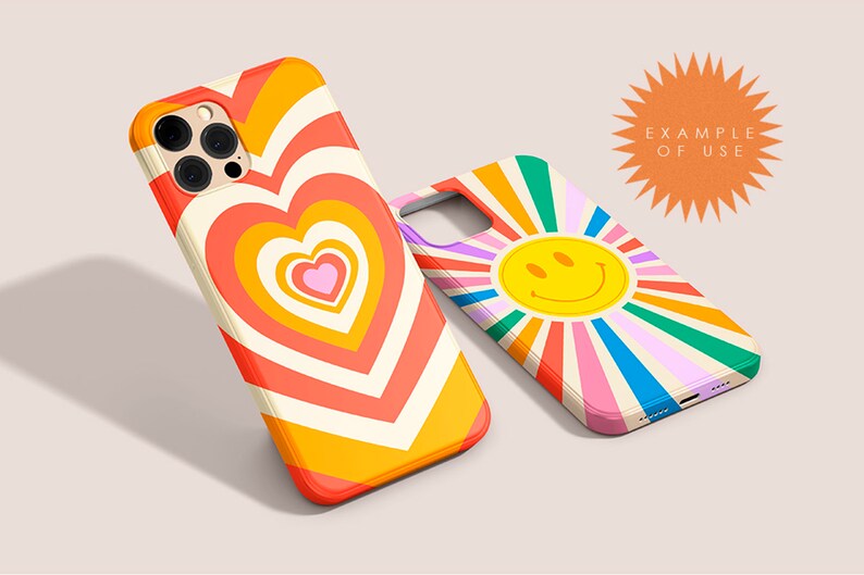 Puede incluir: Dos fundas para tel&eacute;fono con dise&ntilde;os coloridos. Una funda presenta un patr&oacute;n de coraz&oacute;n rojo, naranja y amarillo. La otra funda presenta un sol amarillo con una cara sonriente y rayos de arco&iacute;ris.