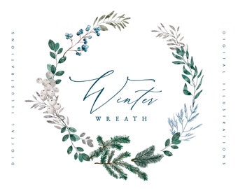 Winter Watercolor Wreath Clipart - Christmas Flowers - Pine Clipart - Christmas Clipart - Winter Clipart - Winter Flowers