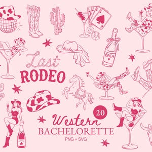 May include: Pink illustration with Western and bachelorette-themed elements. Includes cowboy hats, boots, martini glasses with figures, playing cards, dice, a horse, and the text "Last Rodeo" and "Western Bachelorette".