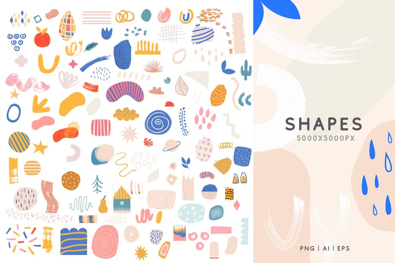 May include: A set of 50 abstract shapes in various colours and patterns, including circles, squares, stars, swirls, and lines. The shapes are arranged in a grid on a white background. The text "SHAPES 5000x5000PX" is in the top right corner of the image. The text "PNG | AI | EPS" is in the bottom right corner of the image.