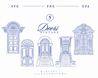 Op de afbeelding: Vijf vintage deur-illustraties in blauwe lijntekeningstijl. De deuren zijn versierd en hebben verschillende architectonische details. De tekst "5 Doors Vintage" is in de afbeelding opgenomen.